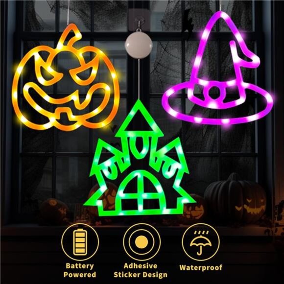 Halloween Decorations Lights - 3PCS Window Decorations with Orange Pumpkin - Picture 4 of 7